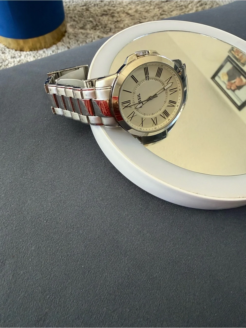 Fossil Men's Silver Tone Watch with Cream Dial and Roman Numerals